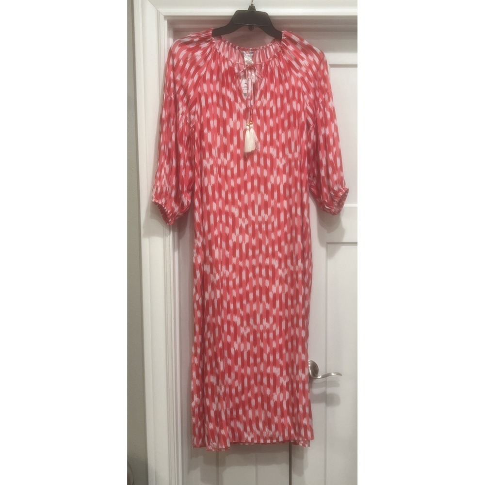 NEW-Tommy Bahama~MEDIUM~Red Hibiscus Ikat Midi VNeck Tassel Tie 3/4 Sleeve $168